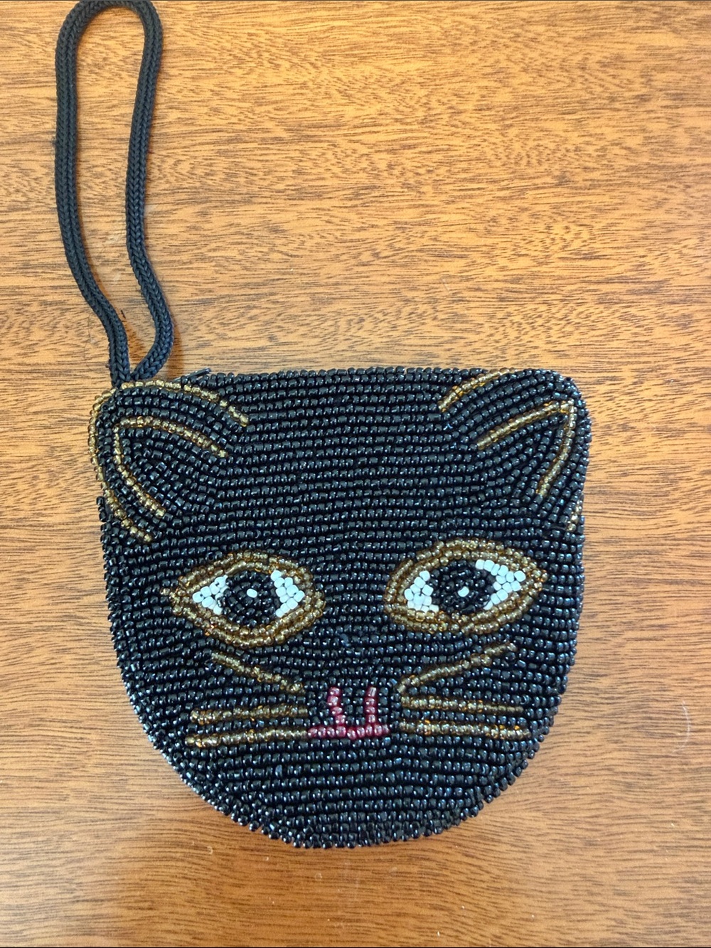 Whimsical Black Beaded Cat Coin Purse Wristlet Zipper Pouch